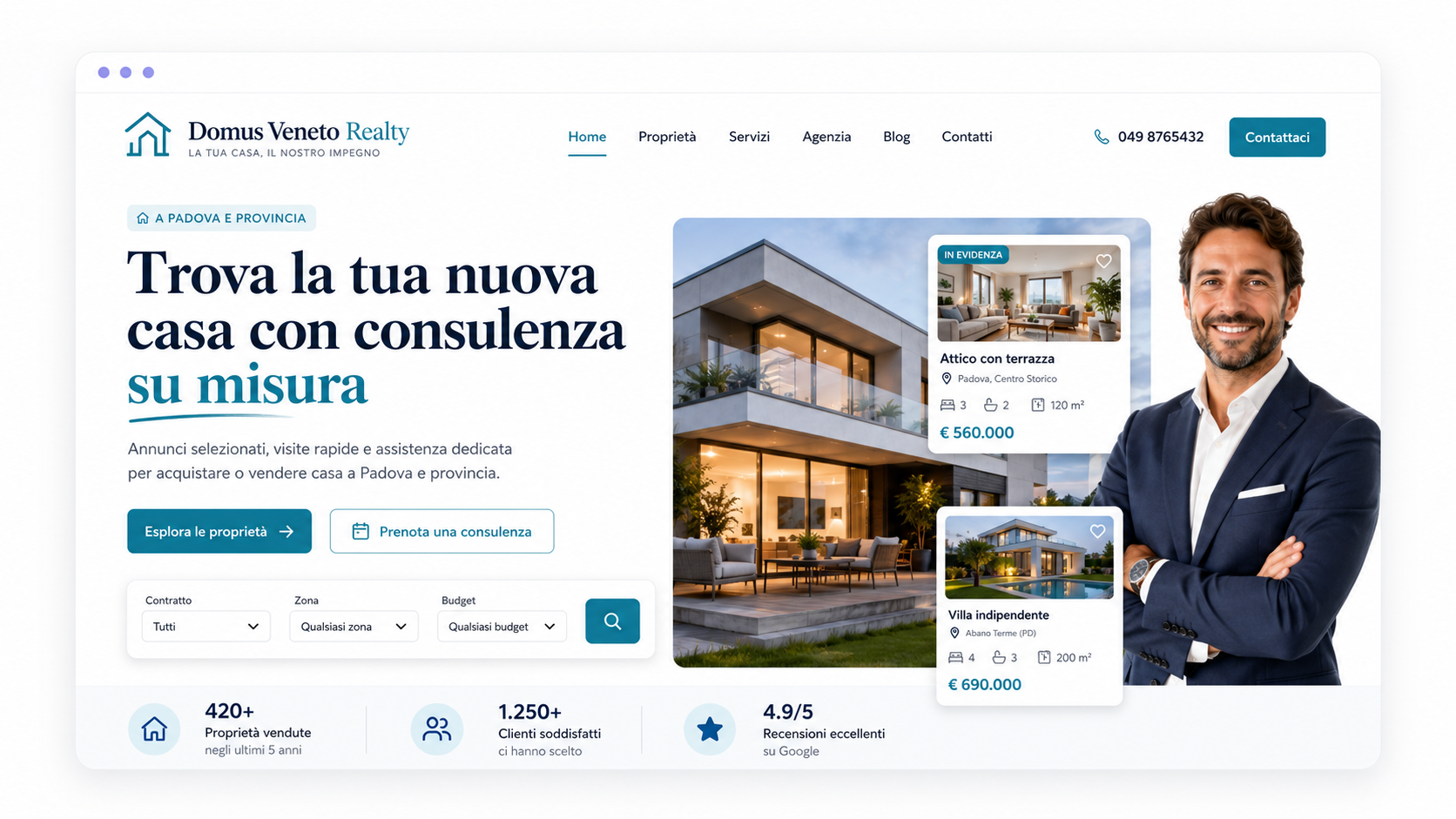 Sito agenzia immobiliare multi-sede Veneto con listing dinamico e statistiche di trust